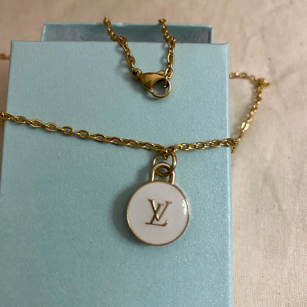 White LV Small Double Sided Charm Pendant Necklace